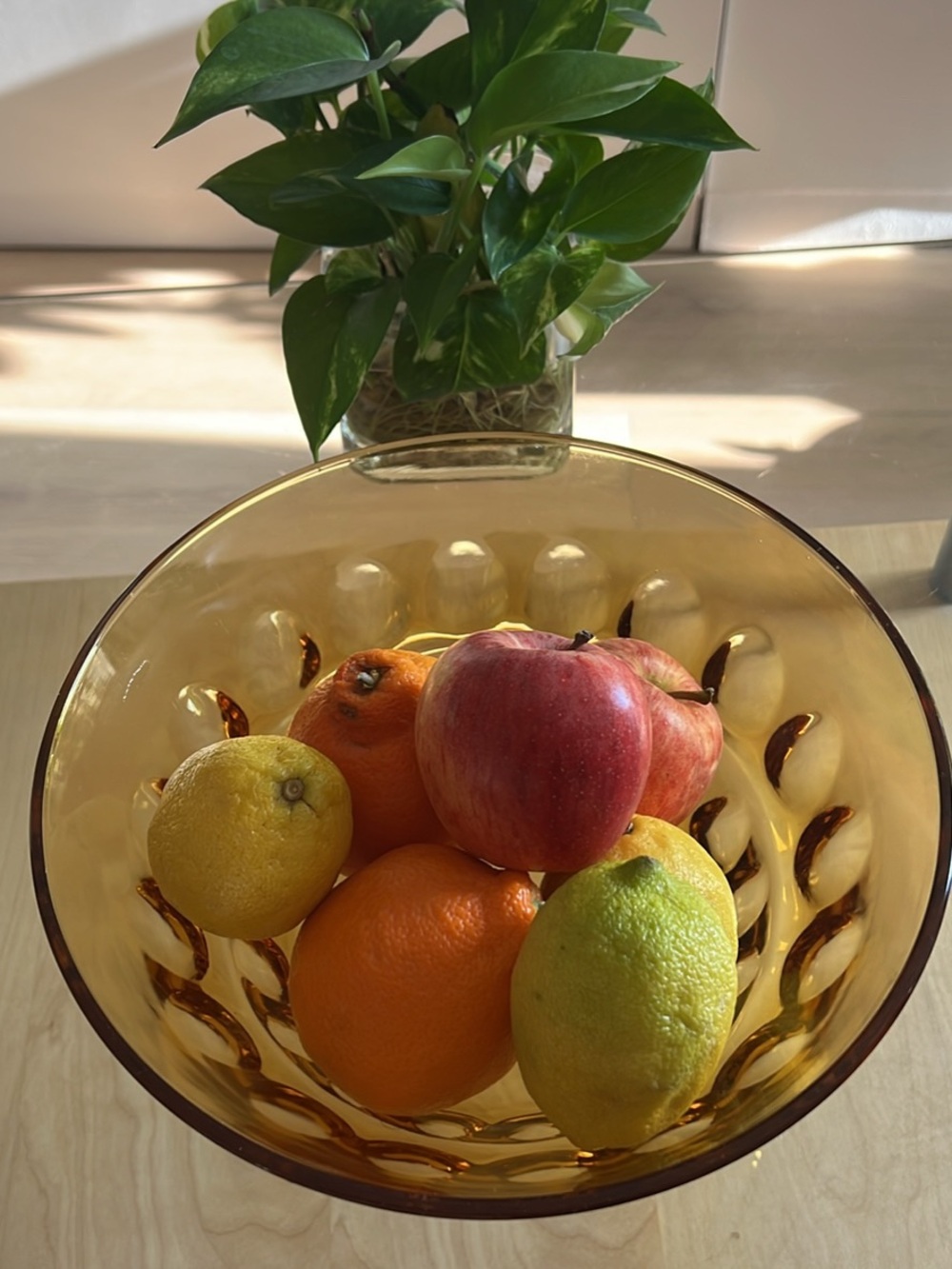 Amber Glass Fruit Bowl with Ripple Design - Amber